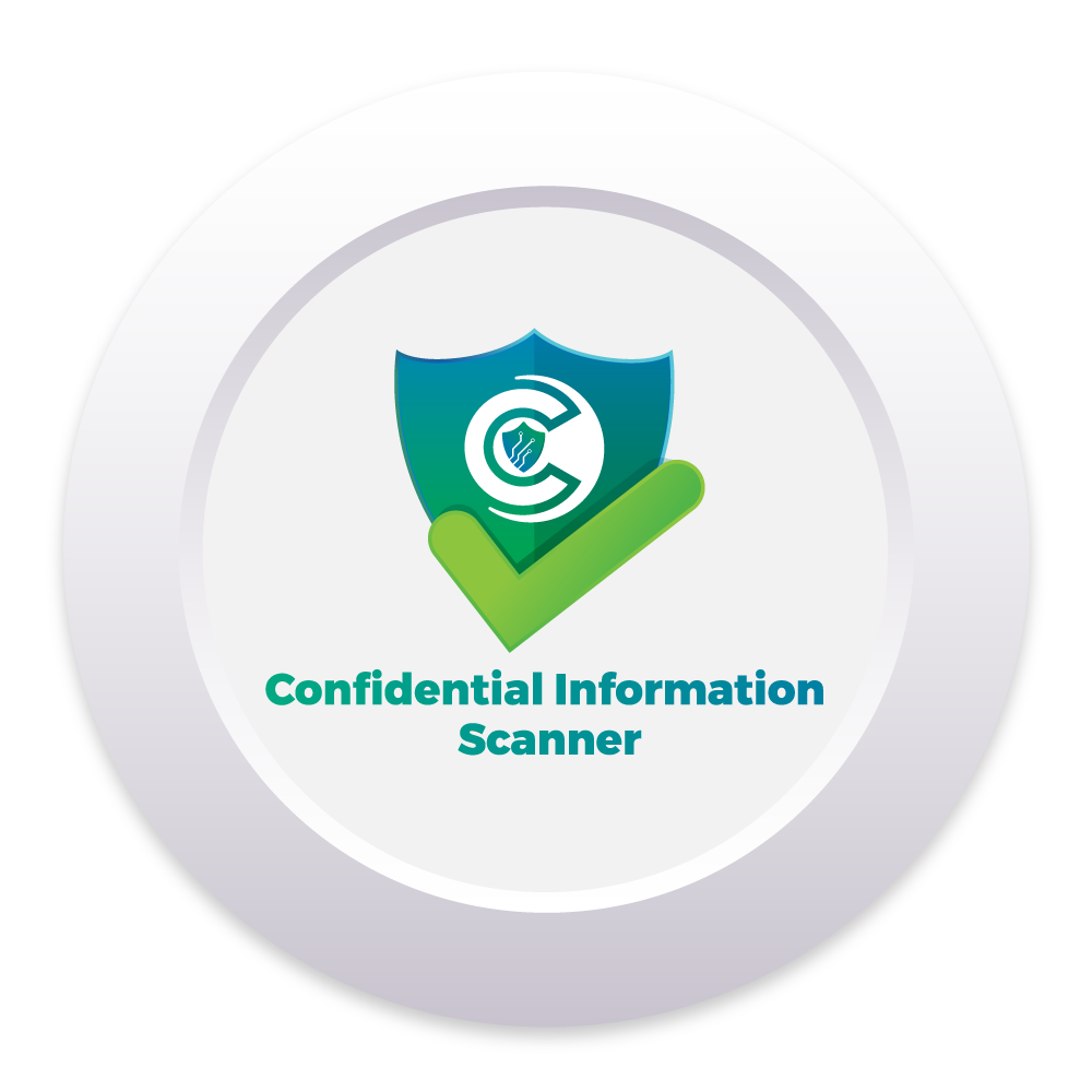 Badge Showing a Teal Shield with a White Circular Emblem and a Bright Green Checkmark, Labeled Confidential Information Scanner. 1/2/3? (informative Badge)